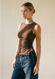 Ruched Ribbed Knit Slit Tank Top